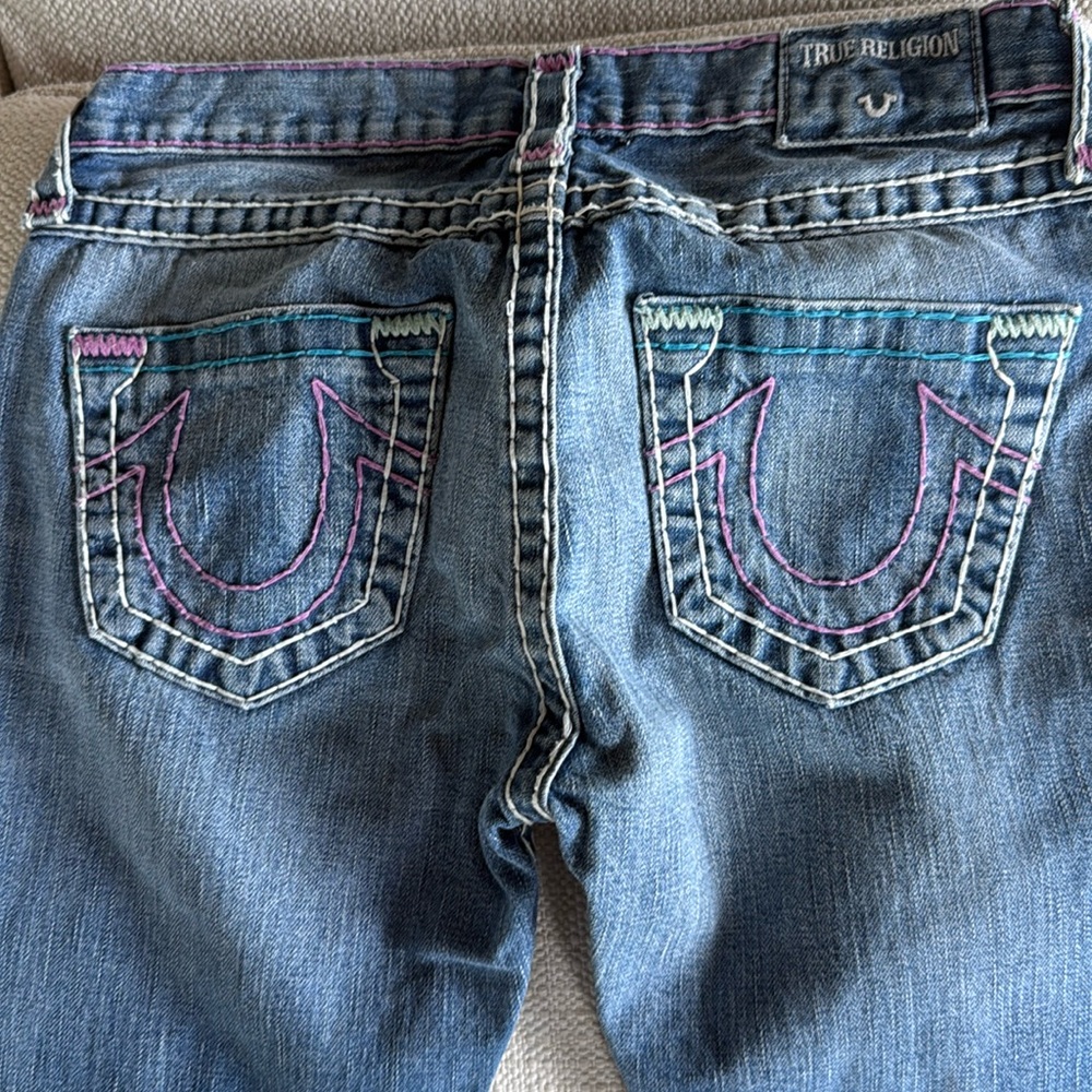 Gorgeous True religion jeans pink and blue super T stitching